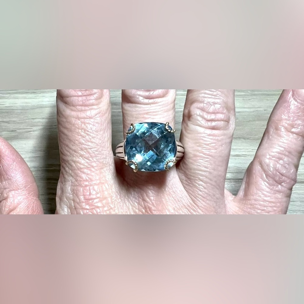 Vintage Designer Signed V Sterling Silver & 14K Yellow Gold 16mm Blue Topaz Ring - Picture 9 of 11